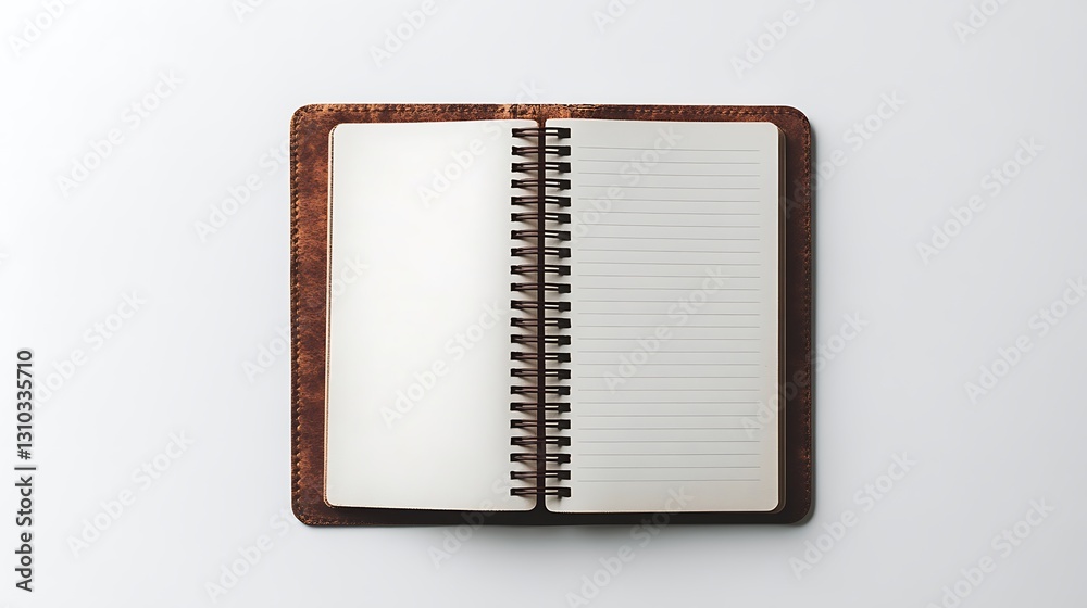 Open spiral notebook with brown leather cover on white background. Open spiral notebook with brown leather cover on white background.