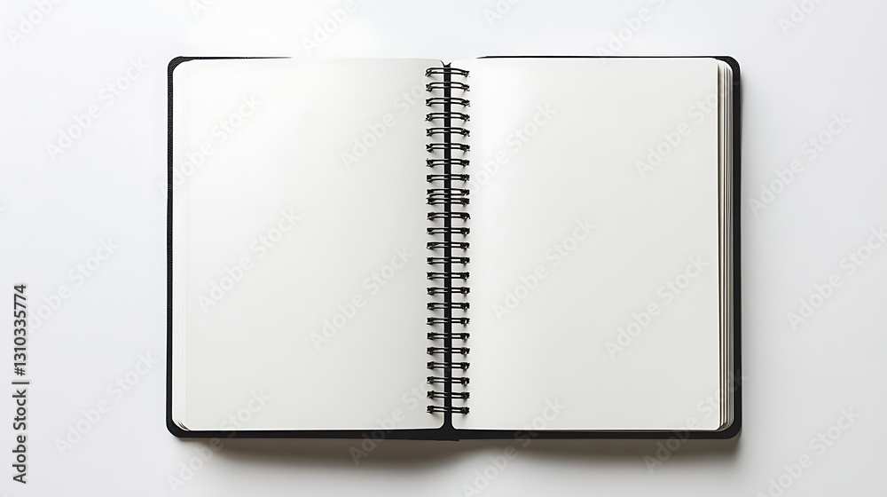 Open spiral-bound notebook with blank pages on white background. Open spiral-bound notebook with blank pages on white background.