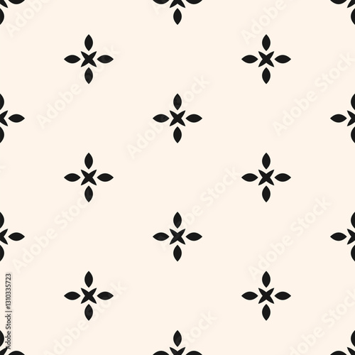 Vector black and white floral minimalist seamless pattern. Abstract minimal geometric ornament with flowers in oriental style. Simple monochrome background. Delicate ornamental texture. Repeat design