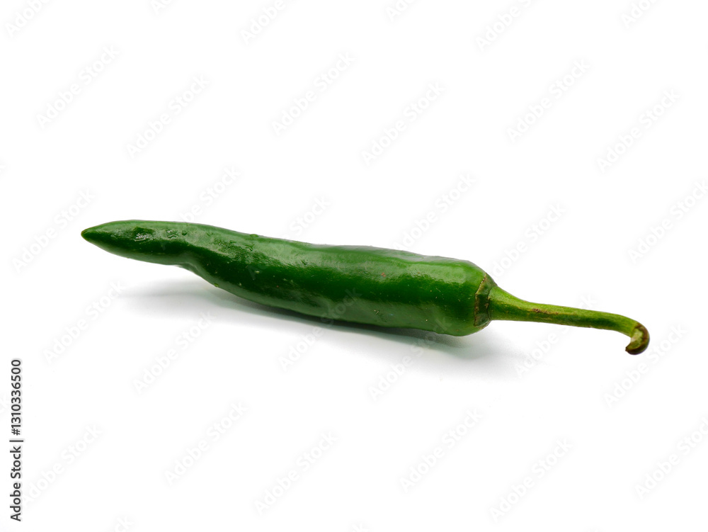 A large green chili isolated on a clean white background, showcasing their vibrant color and smooth, glossy skin A large green chili isolated on a clean white background, showcasing their vibrant color and smooth, glossy skin