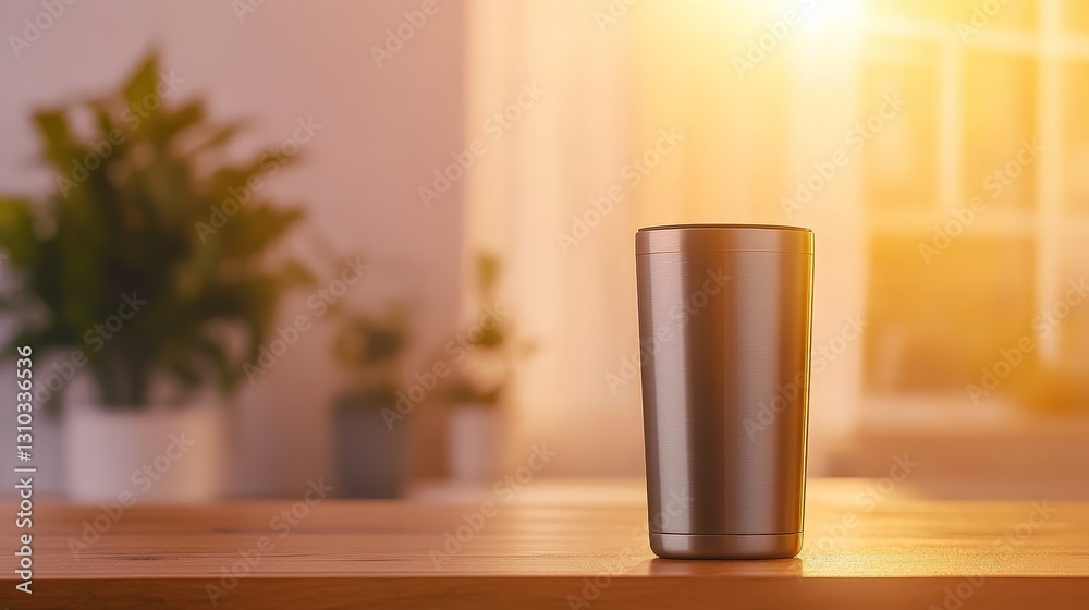 Stainless steel tumbler on wooden table with sunlight streaming through window plants in background Stainless steel tumbler on wooden table with sunlight streaming through window plants in background