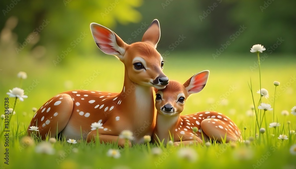 Tender Motherly Love: A White-Tailed Doe and Fawn Resting in a Lush Meadow Tender Motherly Love: A White-Tailed Doe and Fawn Resting in a Lush Meadow