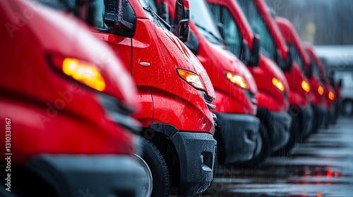 Red delivery vans parked in row photo