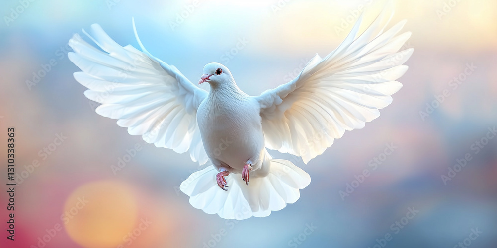 Obraz premium White dove of the holy spirit flying in the sky. Symbol of peace, grace and purity