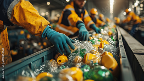 Workers sorting recyclables at a facility during the day