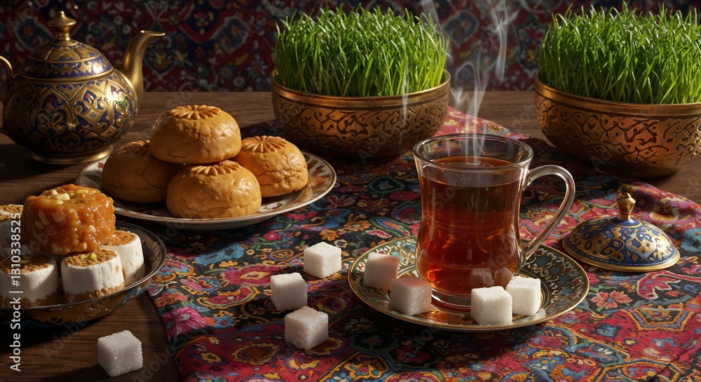 Fototapeta premium Traditional tea set with sweets on decorative tablecloth in warm ambiance 