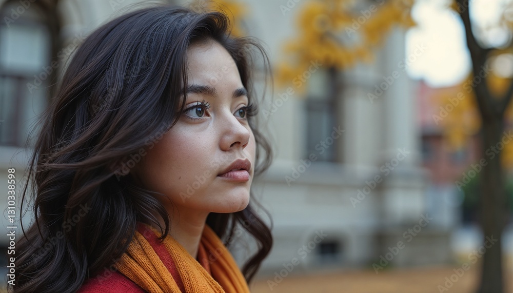 Fototapeta premium Young woman in contemplation against autumnal city backdrop