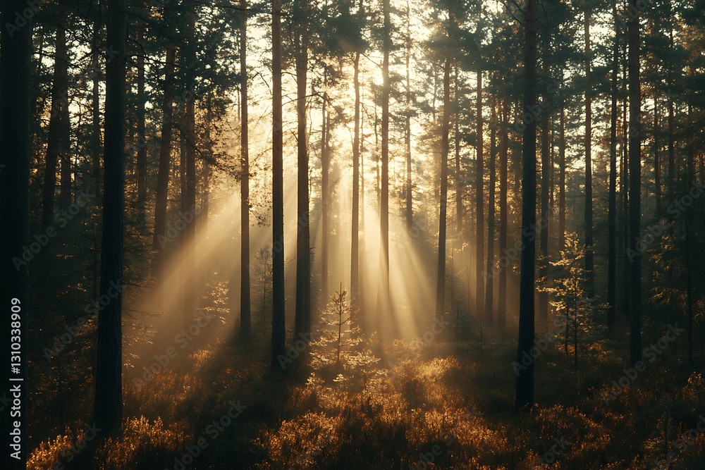 Fototapeta premium Golden Sunlight Piercing Through the Forest
