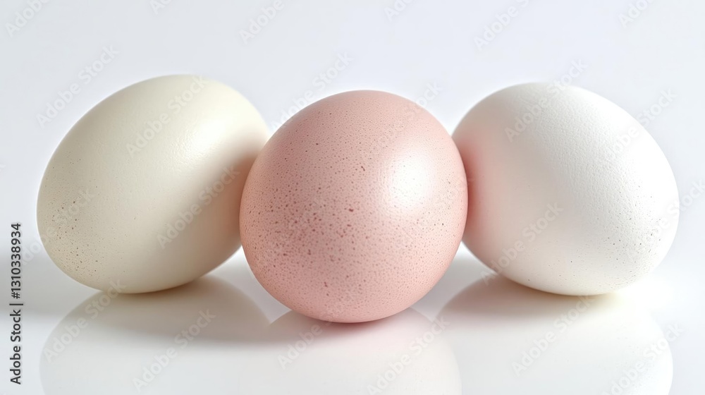 Three eggs of different colors arranged on a clean surface, showcasing their smooth textures and natural hues Three eggs of different colors arranged on a clean surface, showcasing their smooth textures and natural hues
