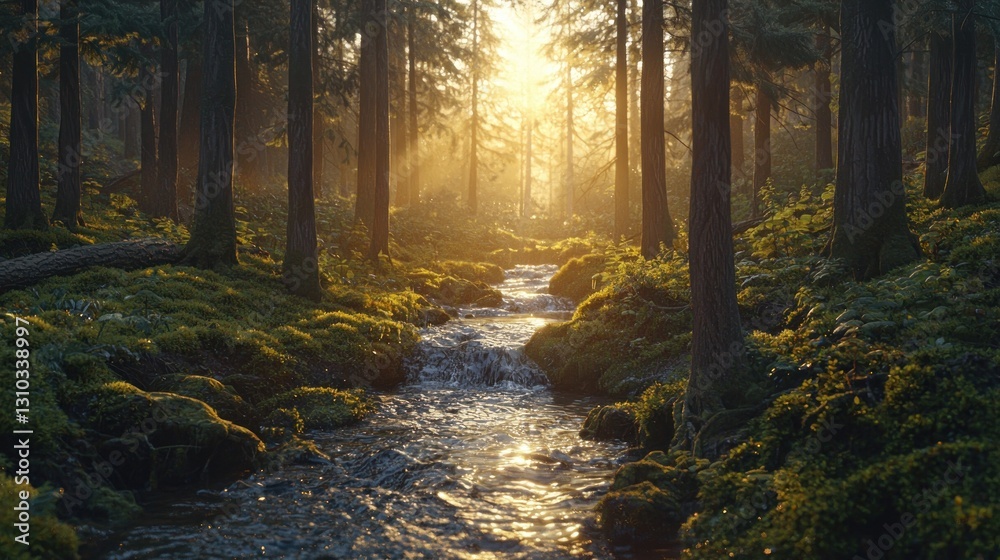 Fototapeta premium Sunlit stream flowing through a misty forest.