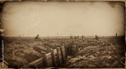 Soldiers in trenches of World War I battlefield. Sepia vintage military photograph. Historical war scene for Remembrance Day, Veterans Day, Memorial Day