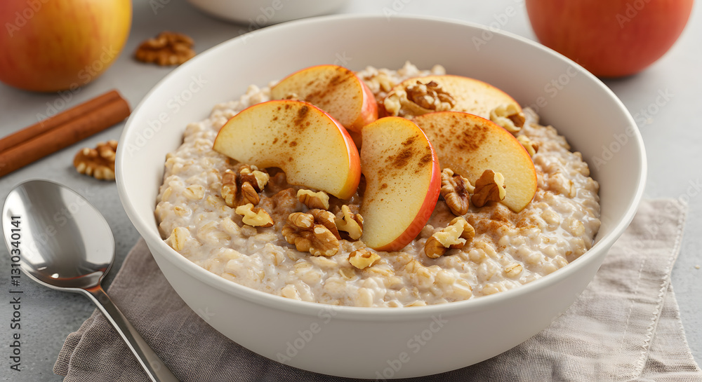 Warm spiced apple and cinnamon oatmeal with chopped walnuts. Warm spiced apple and cinnamon oatmeal with chopped walnuts.