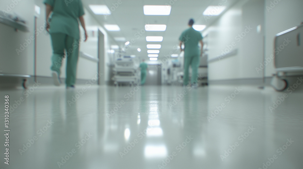 Fototapeta premium Blurred Hospital Corridor with Medical Staff