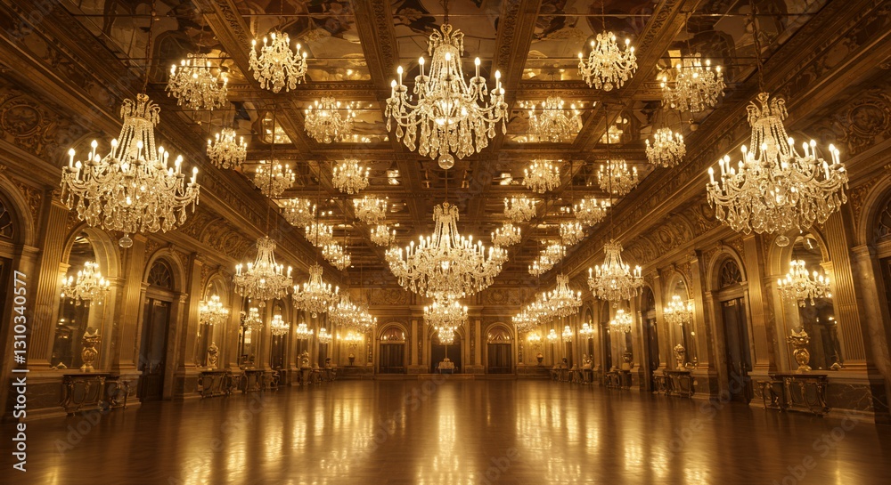 Obraz premium Crystal chandeliers illuminate grand ballroom's gilded ceiling