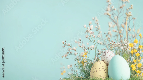 Easter Eggs with Spring Flowers on Pastel Background