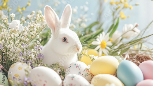 White Bunny Among Easter Eggs and Flowers photo