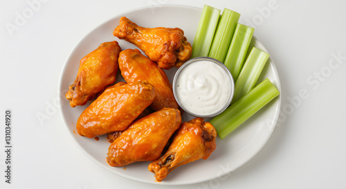 Buffalo chicken wings with ranch dressing and celery sticks on a crisp white background.
