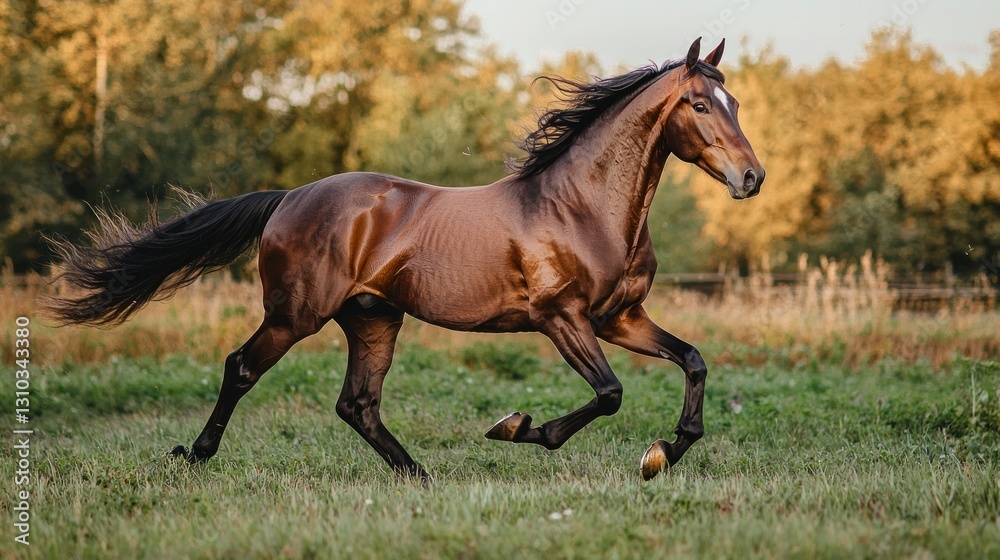 Chestnut stallion running in a field at sunset. Chestnut stallion running in a field at sunset.