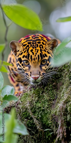 An oncilla cat stealthily moving along a moss-covered log photo