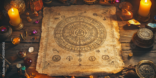 Ancient astrology chart on aged parchment surrounded by candles, crystals, and mystical artifacts. A magical setup for divination, zodiac readings, and esoteric knowledge seekers