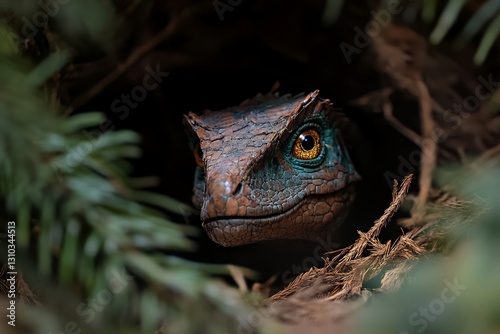 A Sinotyrannus dinosaur stepping out from dense coniferous trees