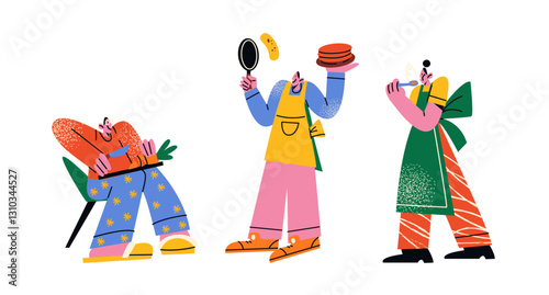 Cartoon characters cook chefs. People cooking dishes. Abstract composition in doodle style, workers of restaurant and cafe of high cuisine. Vector illustration with abstract shapes
