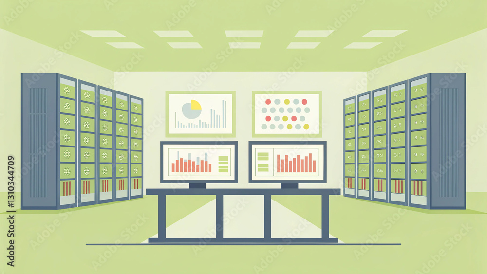 Naklejka premium E-commerce growth for online business, Data center with monitors displaying graphs and charts in a green environment.