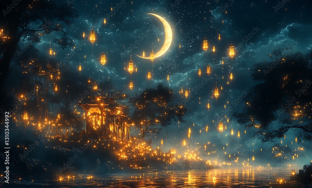Serene Night Scene with Glowing Crescent Moon and Floating Lanterns by Shimmering Water
Serene Night Scene with Glowing Crescent Moon and Floating Lanterns by Shimmering Water