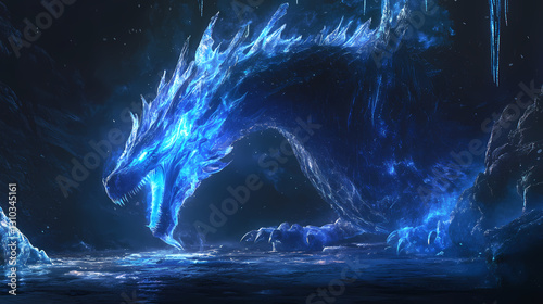 A mesmerizing neon representation of a secretive ice dragon breathing neon blue flames with shimmering icicles around it on a dark background. Secretive - Doorway. Illustration