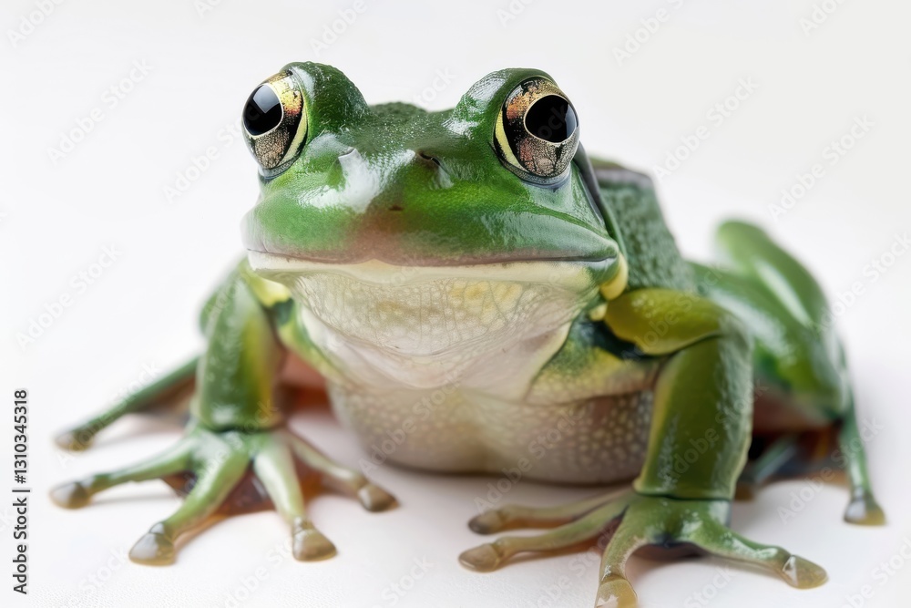 Obraz premium The frog’s textured skin and bright, watchful eyes are magnified in extreme detail against a stark white backdrop.