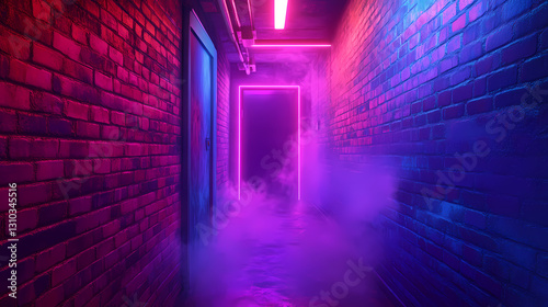 A neonlit alleyway leading to an underground speakeasy, underground nightlife, focusing on the secretive and trendy aspects of nightlife entertainment. Secretive - Doorway. Illustration