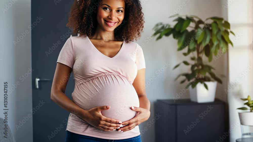 african american pregnant woman stroking her belly in the maternity hospital room, pregnancy, carrying, gestation, clinic, childbirth, expectant mother