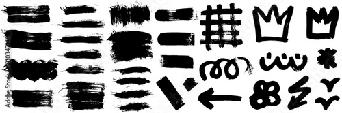 Grunge ink brush strokes elements. Black paint brush, stroke, line, grunge. Dirty textures of banners, boxes, frames and design elements. Black grunge brush stroke ink template collection.
