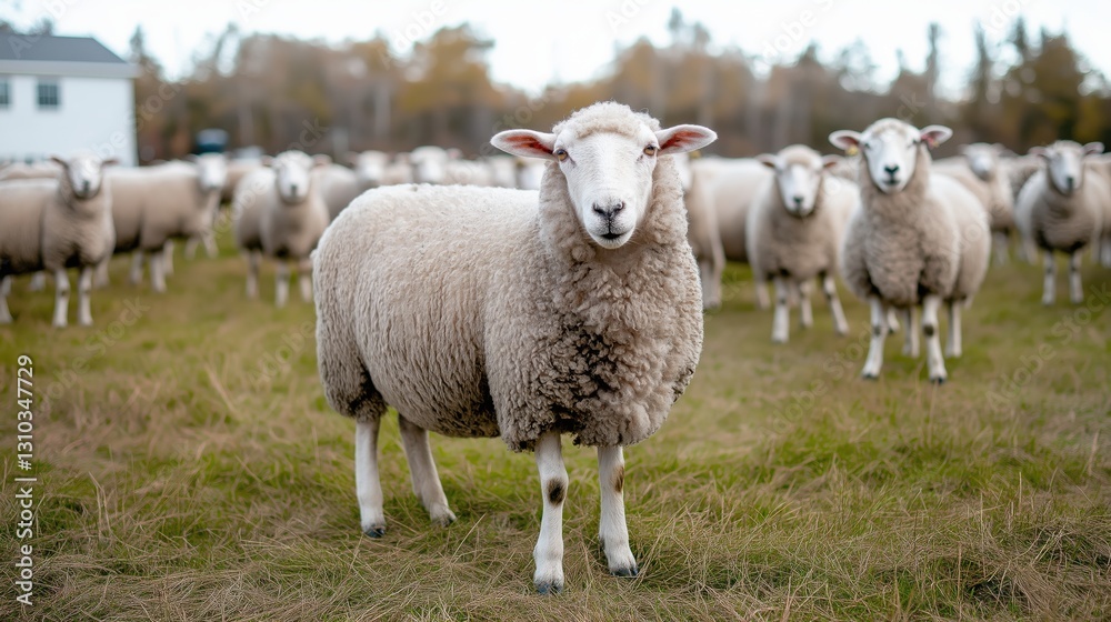 Sheep graze calmly in a lush green meadow, illustrating the harmonious bond between rural life and animals under a bright sky Sheep graze calmly in a lush green meadow, illustrating the harmonious bond between rural life and animals under a bright sky