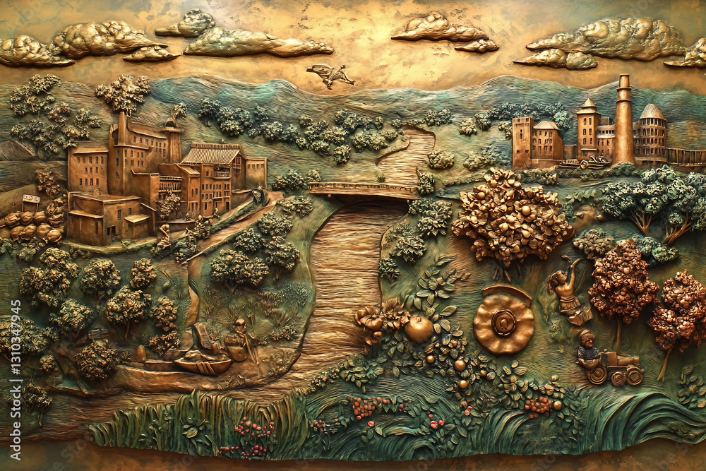 Obraz premium Generative AI Bas-Relief of a Mythological Face Surrounded by Nature Elements in Ancient Artistic Style
