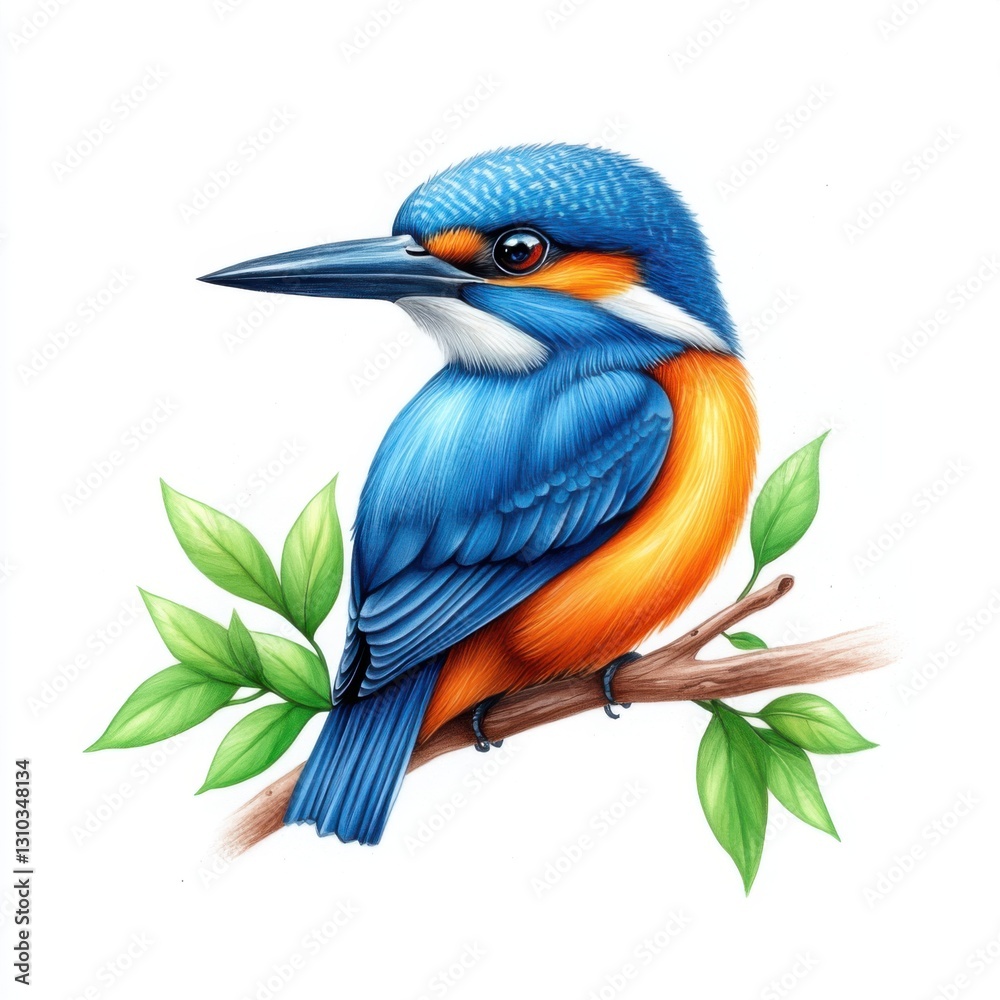 Fototapeta premium Vibrant Kingfisher Perched on a Branch Surrounded by Lush Green Leaves in a Bright Watercolor Style