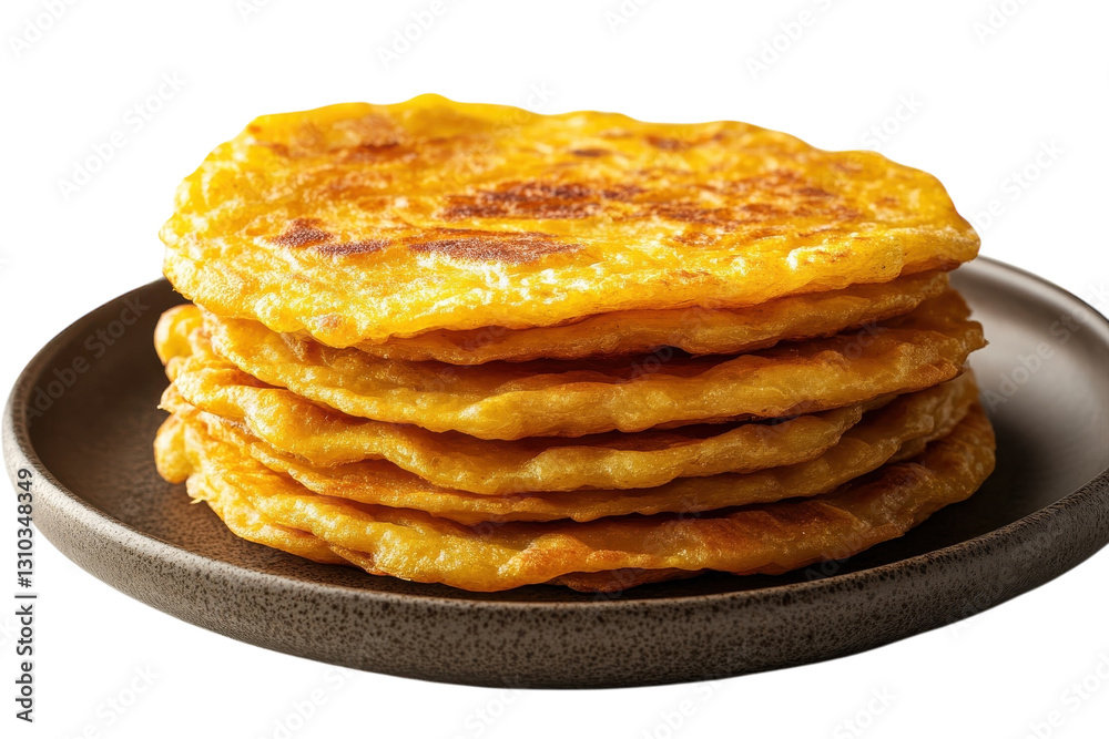Stack of golden-brown corn cakes served on a dark plate in a well-lit kitchen setting Stack of golden-brown corn cakes served on a dark plate in a well-lit kitchen setting