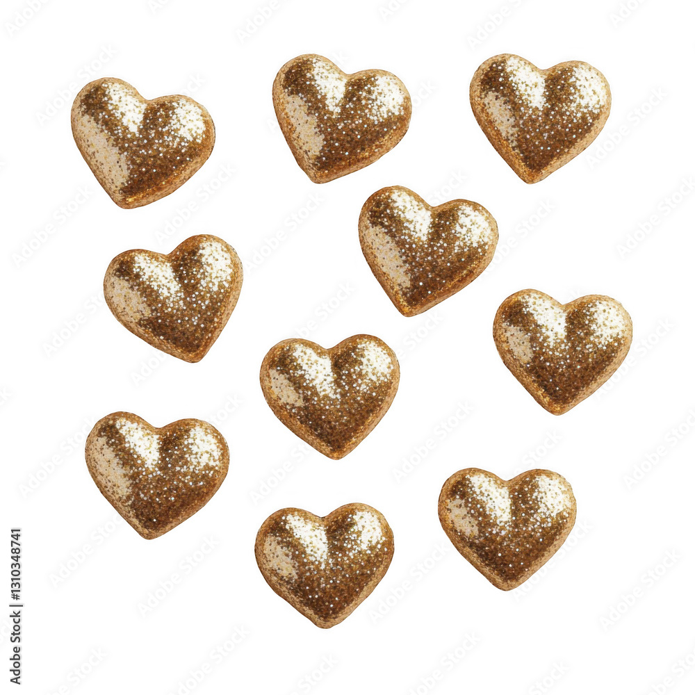 Obraz premium Shiny, golden, glittery hearts on a white background