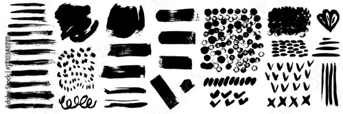Grunge ink brush strokes elements. Black paint brush, stroke, line, grunge. Dirty textures of banners, boxes, frames and design elements. Black grunge brush stroke ink template collection.