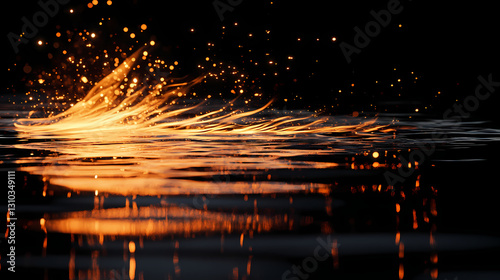 Fire sparks reflected in a dark mirror with a slight ripple effect, fire fragment on ripples., spark isolation on ripples, fire particle on mirrored surface. Mirrored - Lake. Illustration photo