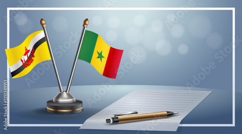 Brunei and Senegal National flags on small table with bokeh background, cooperative relationship. Template vector Illustration