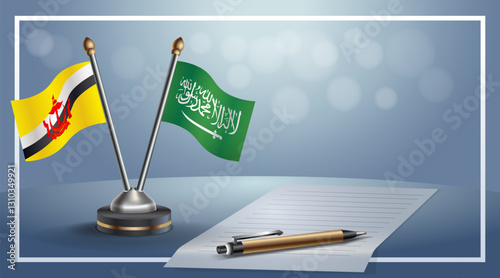 Brunei and Saudi Arabia National flags on small table with bokeh background, cooperative relationship. Template vector Illustration