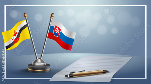 Brunei and Slovakia National flags on small table with bokeh background, cooperative relationship. Template vector Illustration