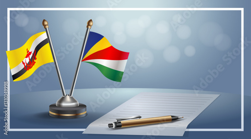 Brunei and Seychelles National flags on small table with bokeh background, cooperative relationship. Template vector Illustration