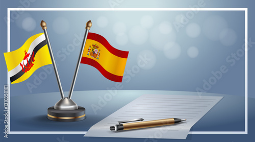 Brunei and Spain National flags on small table with bokeh background, cooperative relationship. Template vector Illustration
