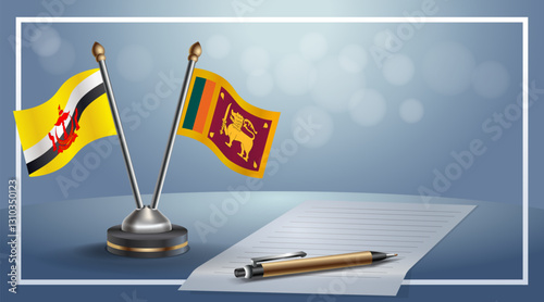 Brunei and Sri Lanka National flags on small table with bokeh background, cooperative relationship. Template vector Illustration