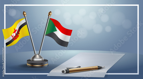 Brunei and Sudan National flags on small table with bokeh background, cooperative relationship. Template vector Illustration