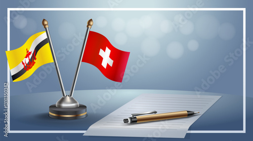 Brunei and Tonga National flags on small table with bokeh background, cooperative relationship. Template vector Illustration