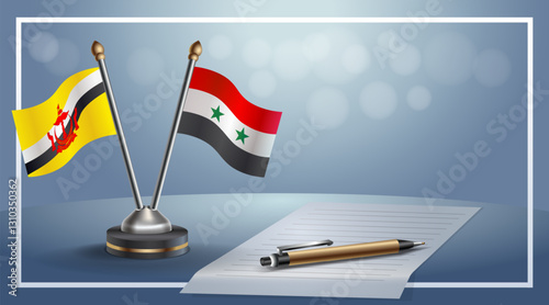 Brunei and  Syria National flags on small table with bokeh background, cooperative relationship. Template vector Illustration
