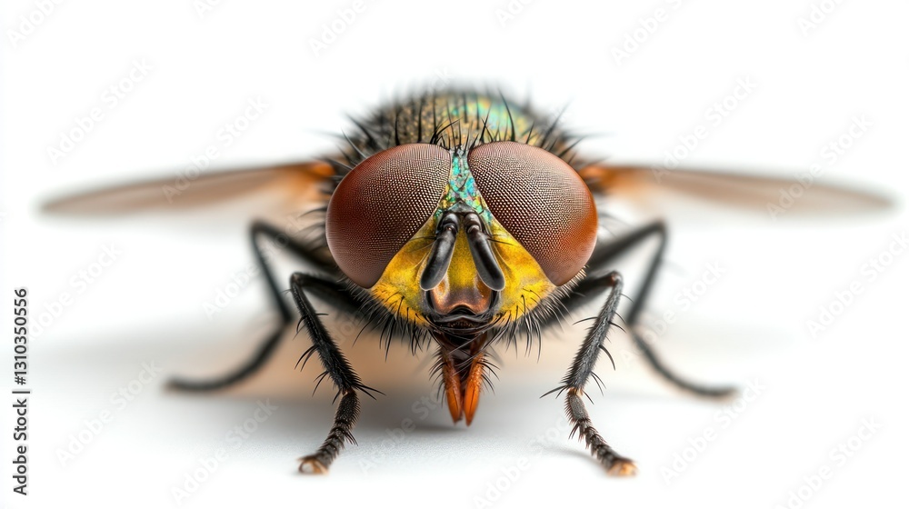 Close-up of fly, isolated on white background, detailed view Close-up of fly, isolated on white background, detailed view